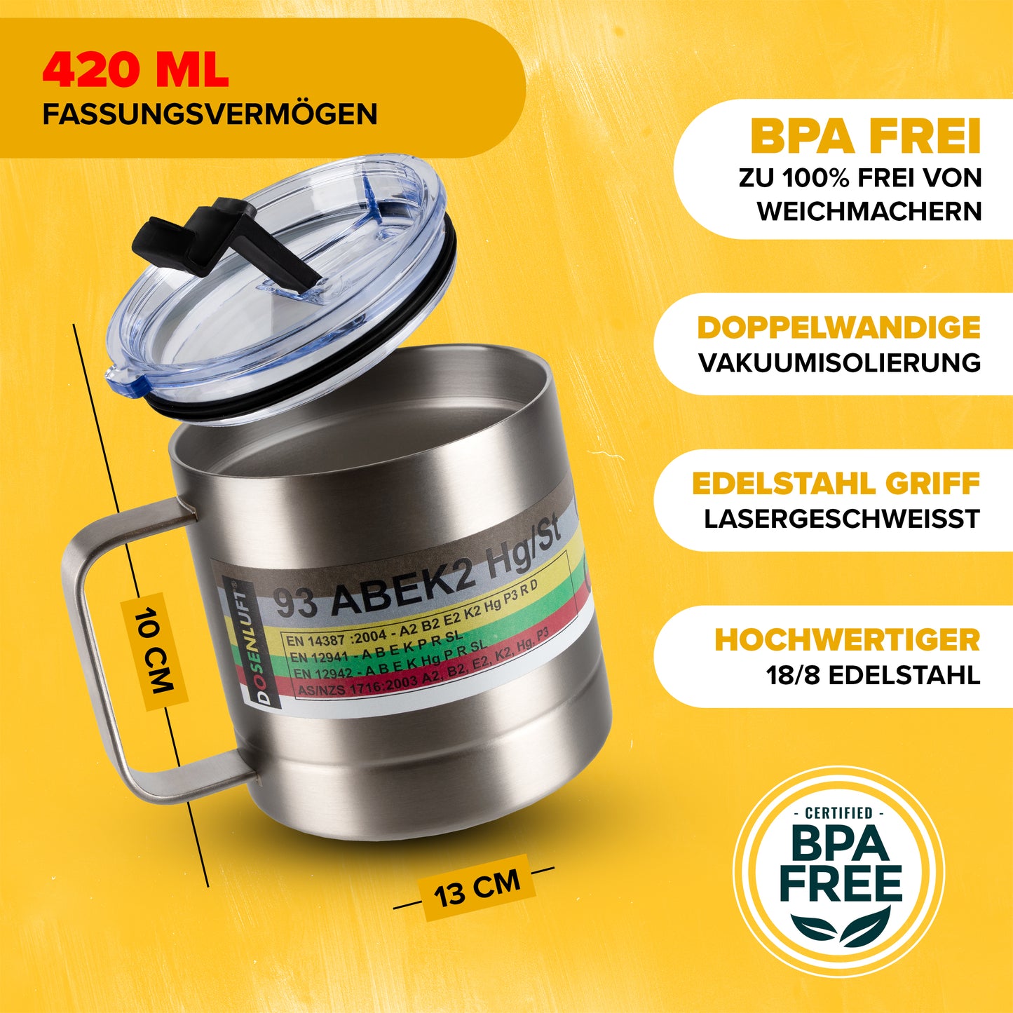 Feuerwehr Thermobecher Dosenluft® | Vakuumisolierter Edelstahl Kaffeebecher To Go | 420 ml