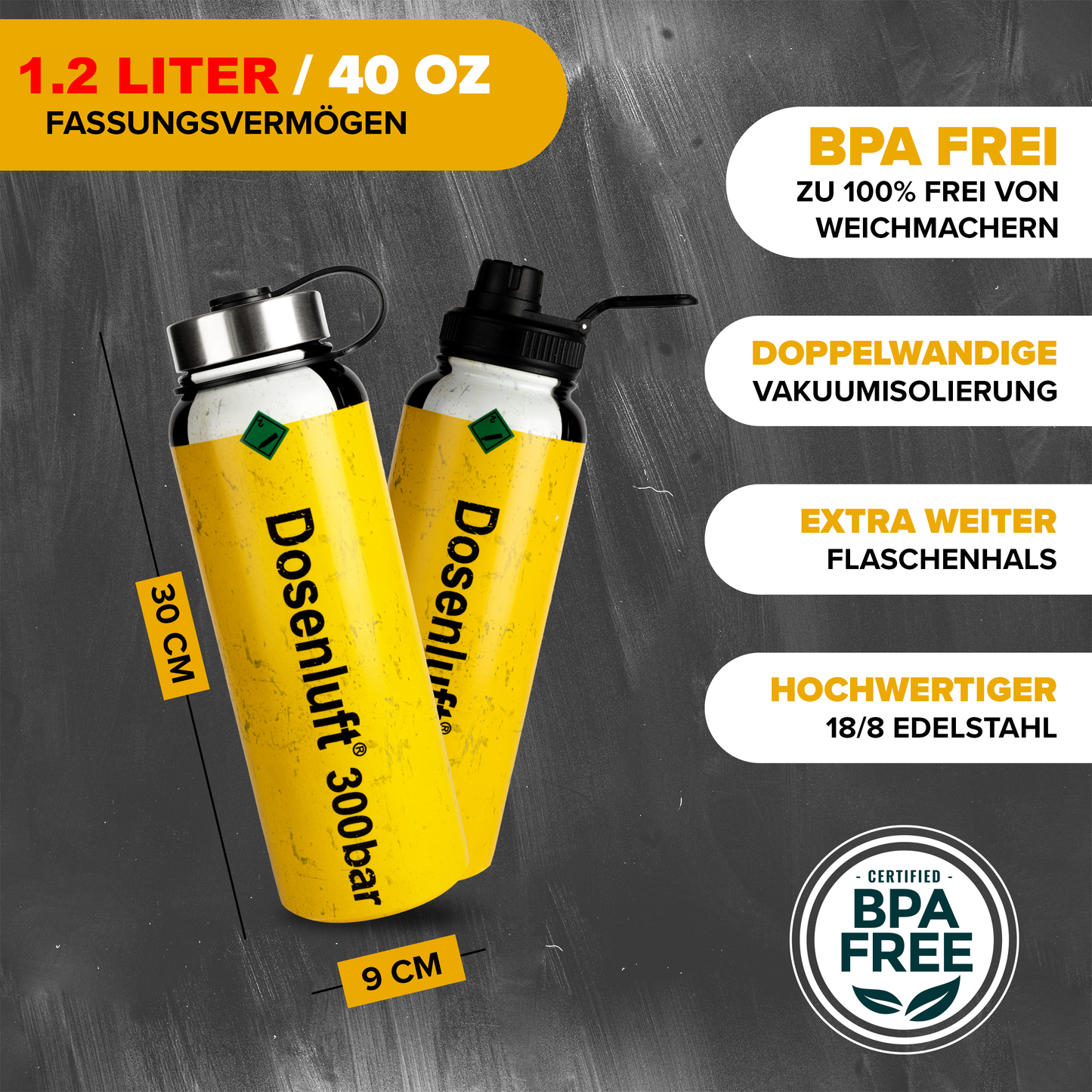 Feuerwehr Trinkflasche Dosenluft® | Edelstahl Isolierflasche 1200 ml